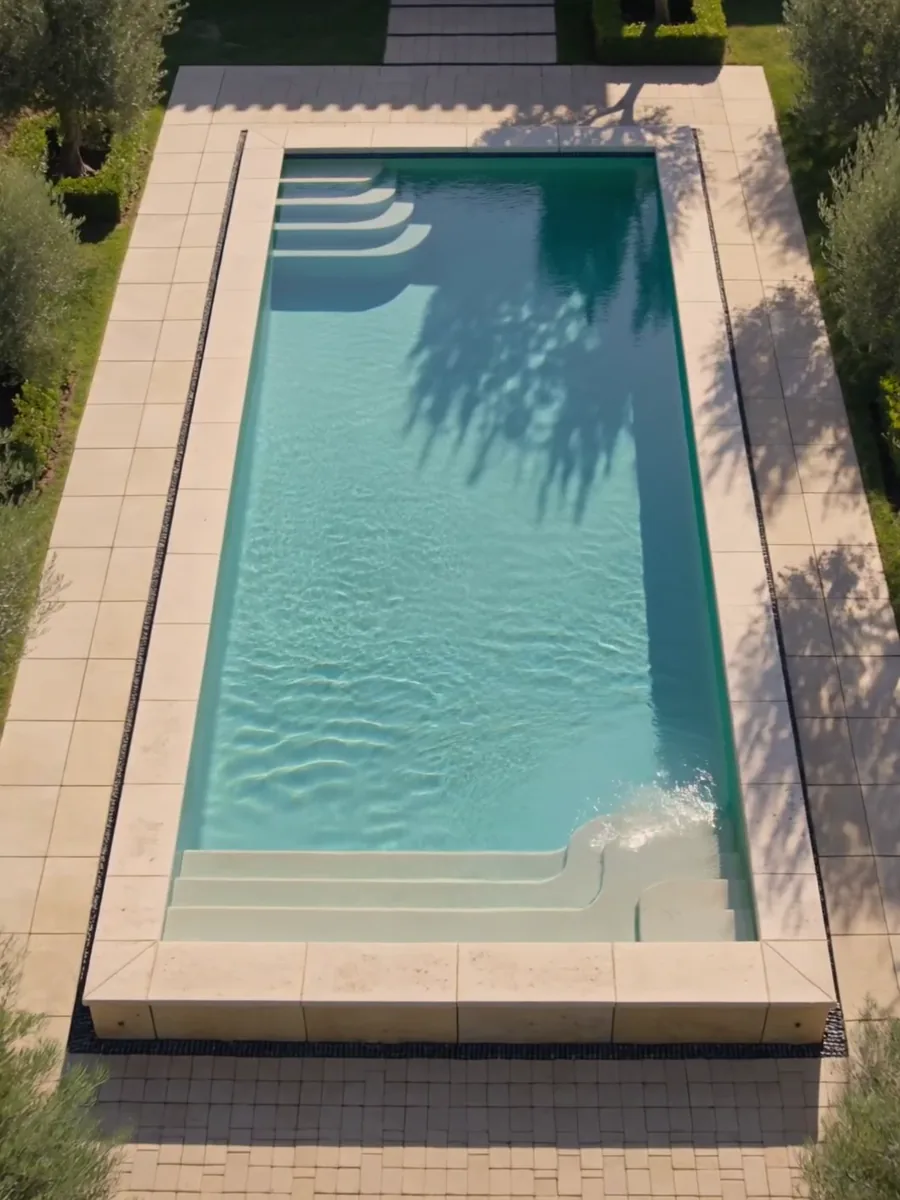Piscine à débordement vue du ciel, dans un jardin méditerranéen